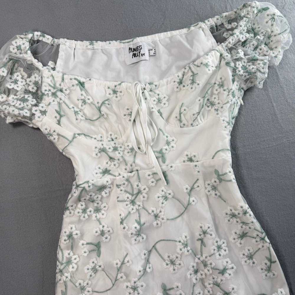 Princess Polly Cottagecore Dress Womens 2 White Green Floral Embroidered Mesh - Picture 2 of 8